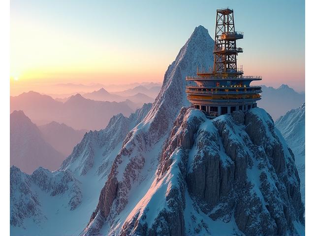 Panoramic view of modern mountain infrastructure project with Lumiquaflorest heavy machinery against a rugged Rocky Mountain backdrop at sunrise.