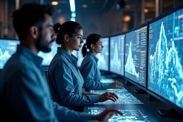 A modern research and development lab scene with engineers collaborating around advanced machinery and digital displays.