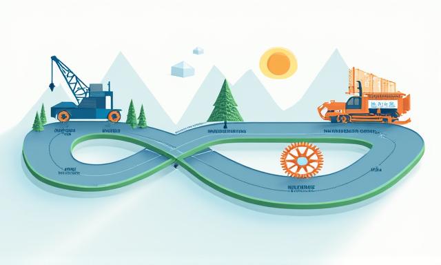 An infographic timeline illustrating key Lumiquaflorest company milestones with icons representing heavy machinery, solar panels, and geological tools.