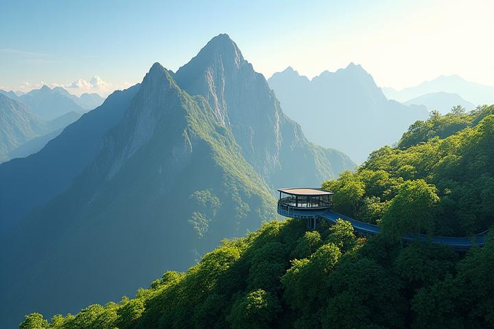 An aerial view of a sustainable mountain development, possibly a wind turbine farm or a low-impact tram system, integrated harmoniously into a vibrant natural mountain landscape.