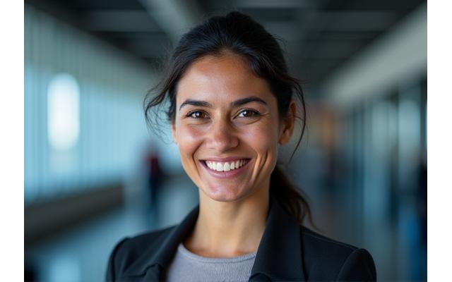 Portrait of Ava Sharma, Chief Engineering Officer, smiling confidently.