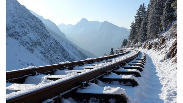 Cog railway gears coated with advanced material in a snowy mountain environment