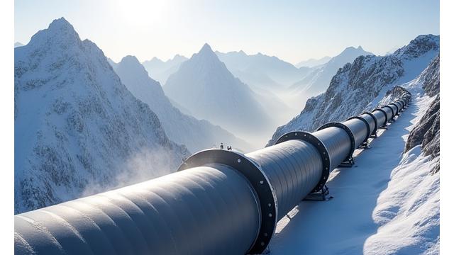 High-altitude natural gas pipeline section with advanced insulation on a snowy peak