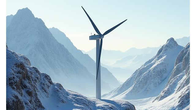 Wind turbine blades in a heavily snow-covered mountain area, coated with de-icing material
