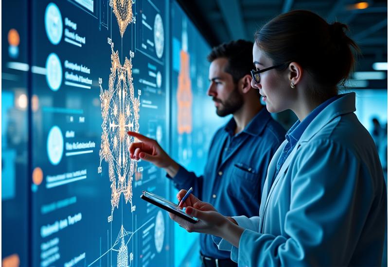 Engineers collaborating in a modern lab, reviewing material prototypes on a digital display
