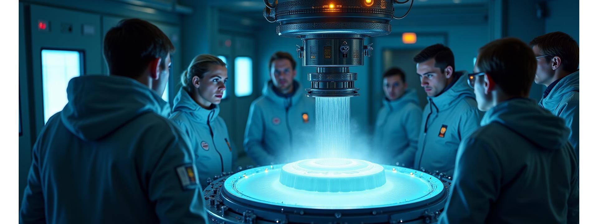 Scientists conducting materials testing in an extreme cold chamber, glowing elements showing thermal resistance
