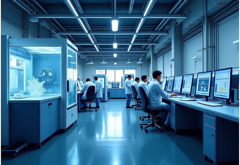 Interior of a state-of-the-art materials testing lab with advanced equipment and researchers at work