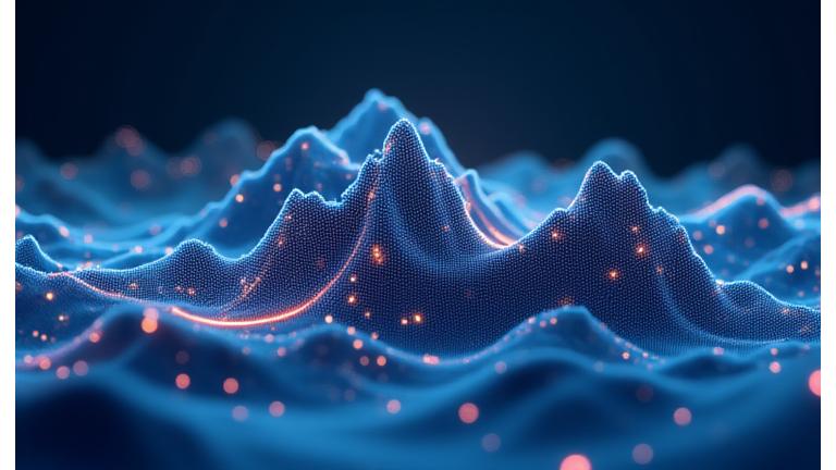 Abstract representation of AI neural network overlaid on a mountain landscape with robots