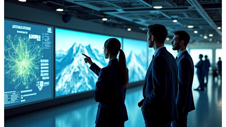 Robotics engineers collaborating in a mission control center, monitoring autonomous operations