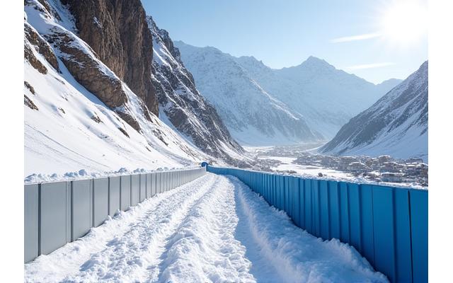 Image of robust avalanche barriers and snow fences strategically placed on a snowy mountain slope, effectively preventing snow movement towards a village below.