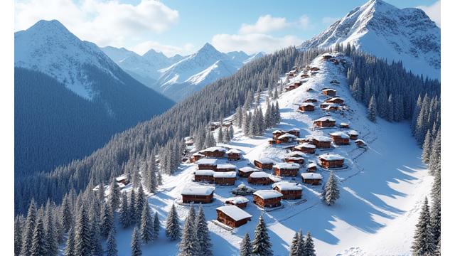 Aerial view of Alpenglow Peaks village, nestled safely below extensive, well-maintained avalanche defenses after a heavy snowfall, with homes untouched.