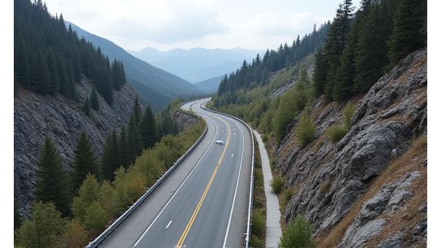 Drone shot of Rocky Ridge Pass, showing newly stabilized slopes along a critical mountain highway, with rockfall netting and retaining walls seamlessly integrated into the landscape.