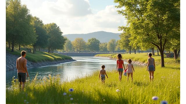 A community gathering in Valleyside, with a new, aesthetically pleasing flood barrier visible in the background along a river, integrating seamlessly with the town's park.