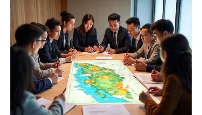A diverse group of community stakeholders, including local leaders, engineers, and residents, collaboratively discussing a large map of their mountain town, pointing to areas for resilience improvements.