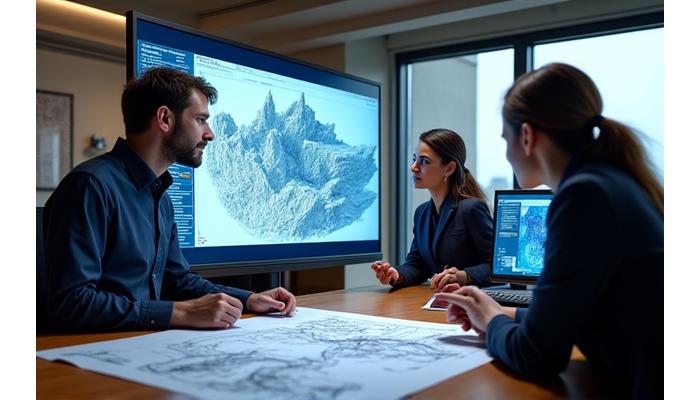Engineers reviewing complex structural blueprints for a mountain retaining wall, with 3D models on a computer screen, signifying advanced design and resilience planning.