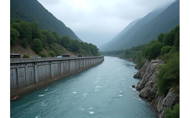Image of a well-engineered mountain river with concrete floodwalls and a system of diversion channels, managing high water flow after heavy rainfall.