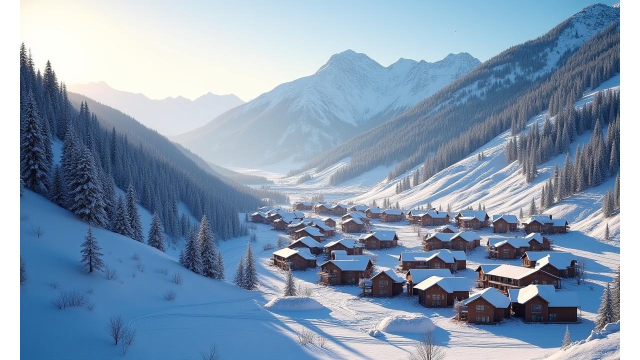 Image of a modern mountain community safely nestled against a backdrop of protective infrastructure, with avalanche barriers and reinforced slopes visible, under a clear sky. The scene conveys security and advanced engineering.