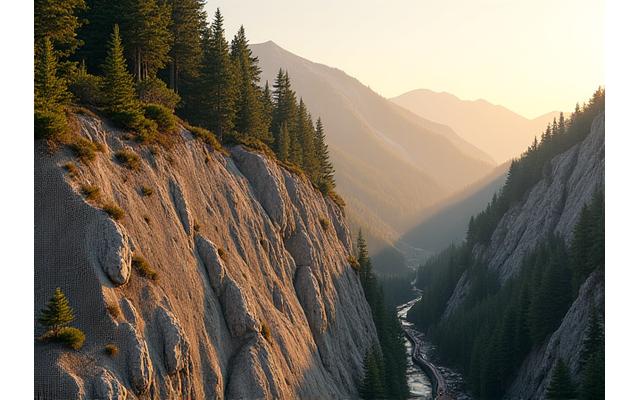 Image showing an engineered slope with geotextile reinforcement and deep-rooted vegetation, designed to prevent landslides, overlooking a mountain road.
