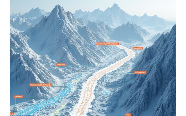 A technical drawing overlayed on a mountain landscape, illustrating various integrated protection systems working in concert, such as rockfall netting, flood barriers, and early warning sensors.