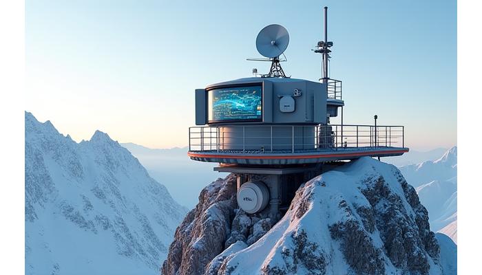 Close-up of a sophisticated monitoring station on a mountain, equipped with sensors for seismic activity, weather, and snowpack, transmitting data to a display showing real-time hazard levels.