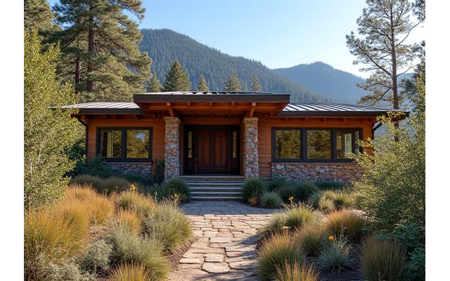 Image of a mountain home constructed with fire-resistant materials, surrounded by a carefully managed defensible space, showcasing proactive wildfire protection.