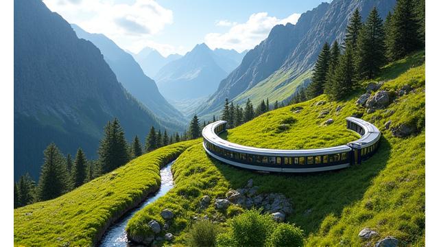 A modern, electric cog railway seamlessly integrated into a biodiverse alpine landscape, with lush flora and minimal visible impact, showcasing sustainable infrastructure development.
