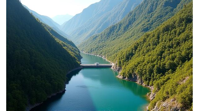 An aerial view of a meticulously restored river ecosystem downstream from a small, modern hydroelectric power plant, with clear water and thriving riparian vegetation, demonstrating successful mitigation.