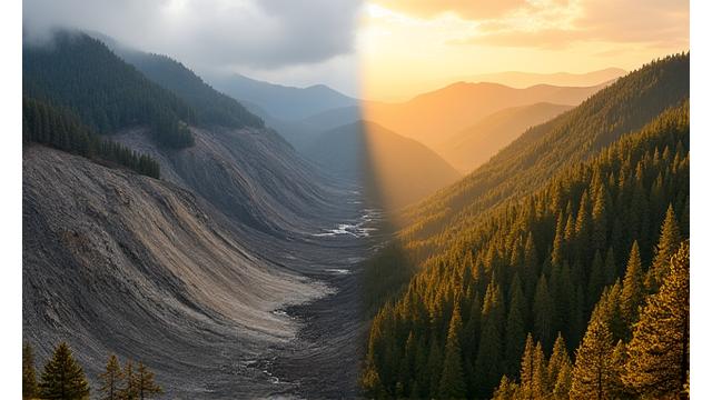 A striking before-and-after composite image showing a reclaimed mountain mine site, transitioning from barren and disturbed land to a vibrant, reforested area teeming with native life, emphasizing successful ecological restoration.