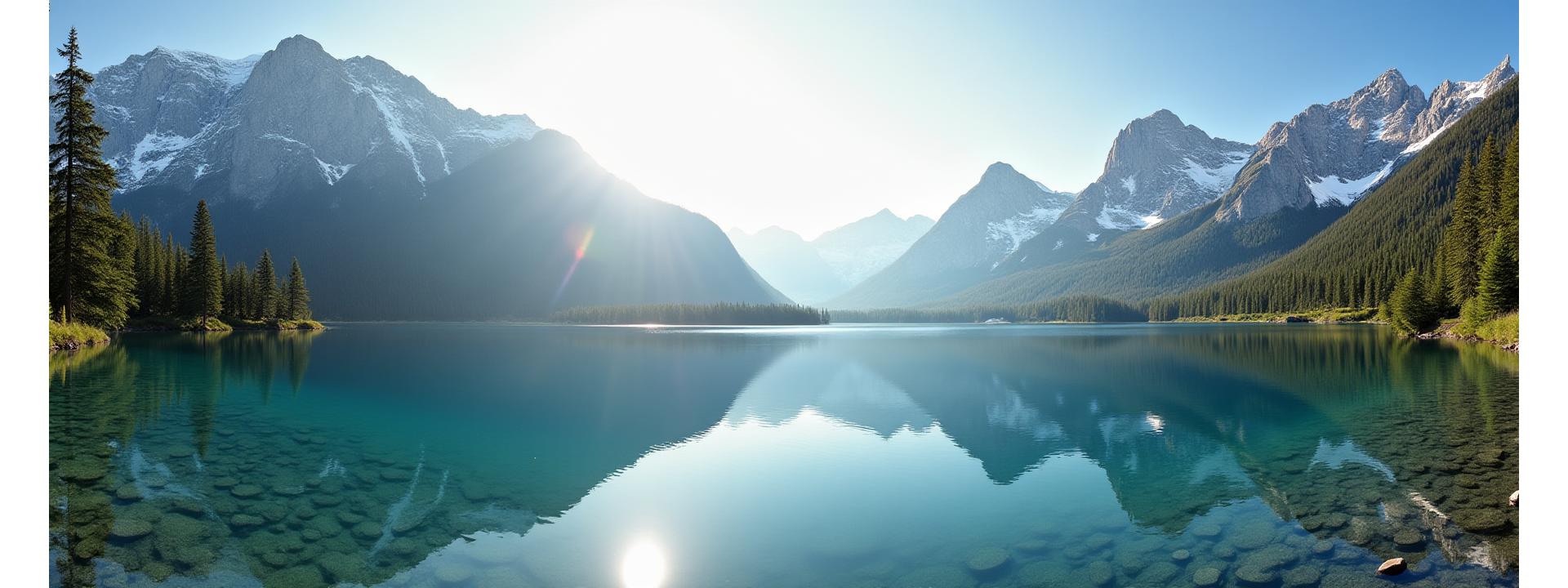 Panoramic view of pristine, untouched mountain ranges with a clear alpine lake reflecting snow-capped peaks, symbolizing environmental preservation.