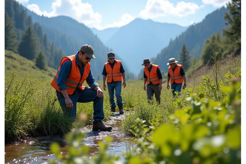 A team of environmental scientists conducting fieldwork and planting native vegetation in a restored mountain habitat, demonstrating active mitigation efforts.