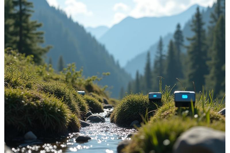 A sophisticated array of IoT environmental sensors deployed discreetly in a natural mountain setting, transmitting data wirelessly to a central, ruggedized monitoring station. Emphasizes advanced, non-invasive technology.