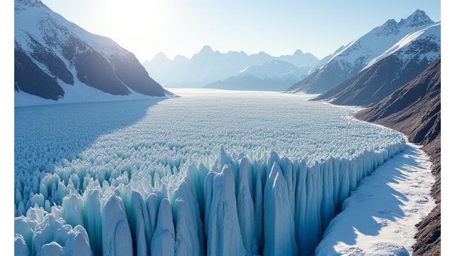 Drone capturing precise topographic data over an active glacier in a high-altitude mountaineous region, showing intricate ice formations.