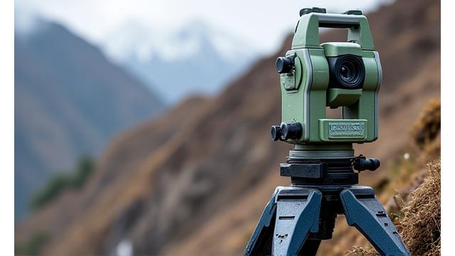 Geological survey equipment deployed on a steep, unstable mountain slope in the Andes, showcasing sensors detecting ground movement after heavy rainfall.