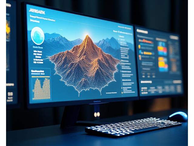 Sophisticated data analysis platform dashboard displaying 3D topographical maps, geological strata, and real-time sensor data visualizations.