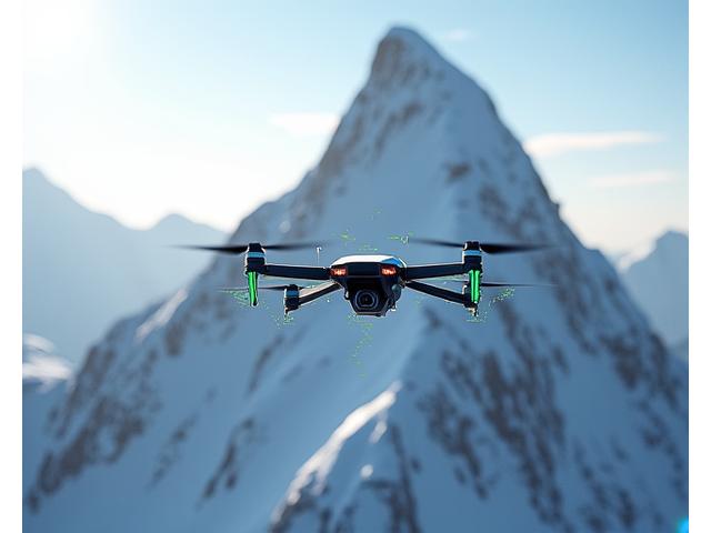Autonomous drone surveying a rugged mountain peak with laser scanning technology, displaying real-time data on a holographic interface.