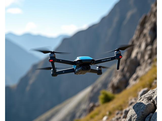 Advanced remote sensing drone hovering over a steep, rocky mountain slope, collecting data with integrated LiDAR and multispectral cameras.