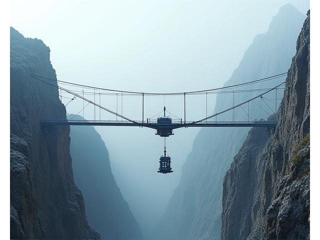 High-altitude cable crane transporting modular construction components across a mountain gorge