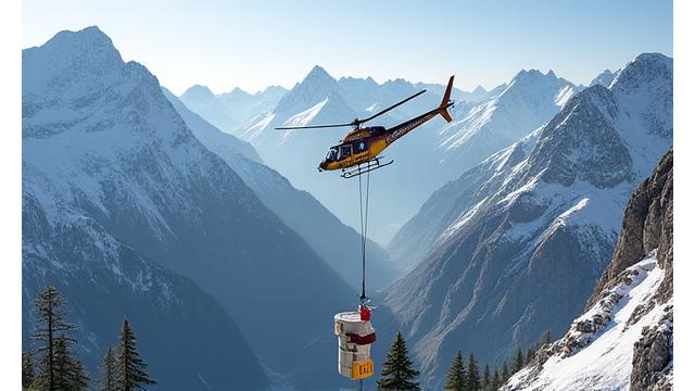 A Lumiquaflorest heavy-lift helicopter assisting with construction in the Swiss Alps, conveying precision and complexity.