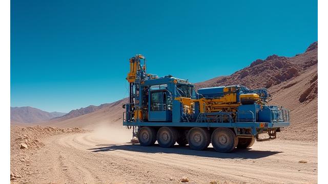 A specialized drilling rig from Lumiquaflorest operating at high altitude in the Andes for a mining exploration project, emphasizing remote capabilities.