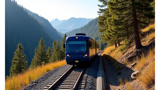 A Lumiquaflorest heavy transport vehicle navigating a newly constructed cog railway track in the Rocky Mountains, signifying robust transportation solutions.
