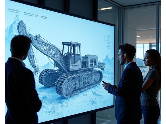 Lumiquaflorest engineering team discussing blueprints of heavy machinery for mountain terrain on a large digital display, showing collaboration and advanced design.