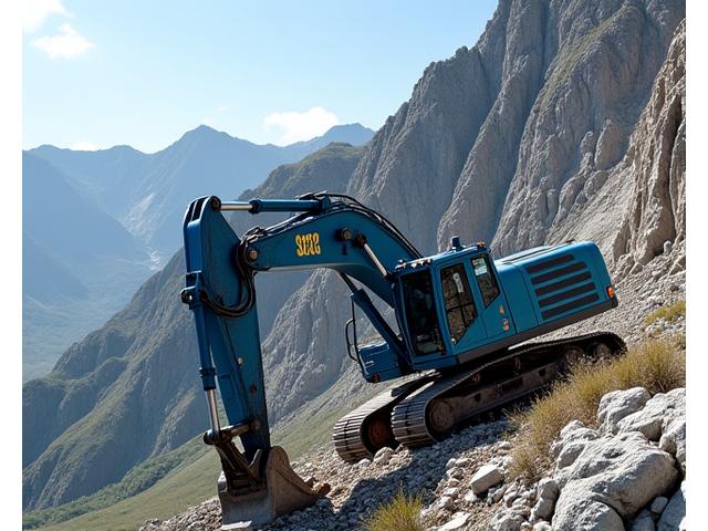 Specialized mountain excavator with an articulated arm working on a rocky, uneven slope