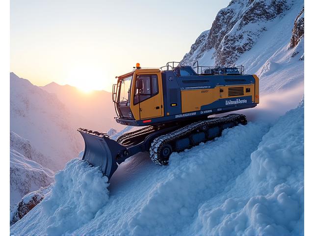 Heavy-duty excavator with Lumiquaflorest branding, operating on a steep, snow-covered mountain slope at dawn, showing extreme gradient capability.