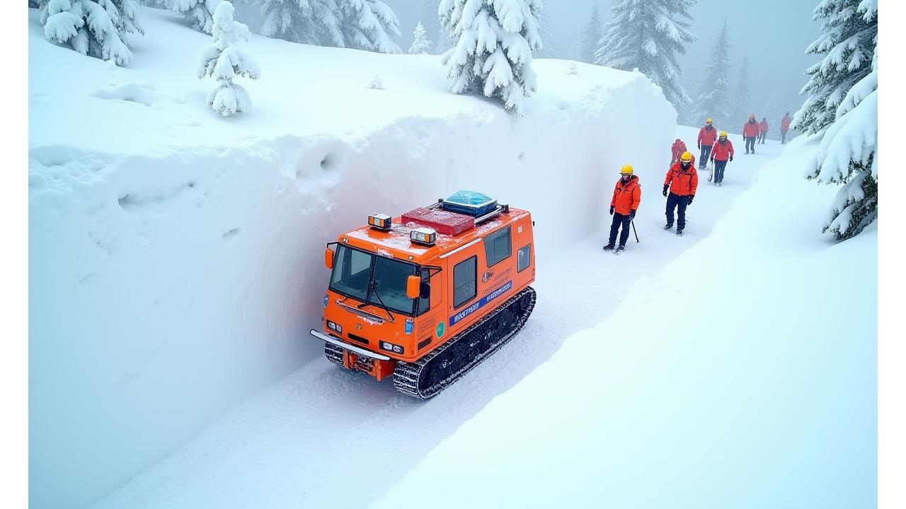 Specialized rescue teams and equipment operating in a snow-covered mountain after an avalanche