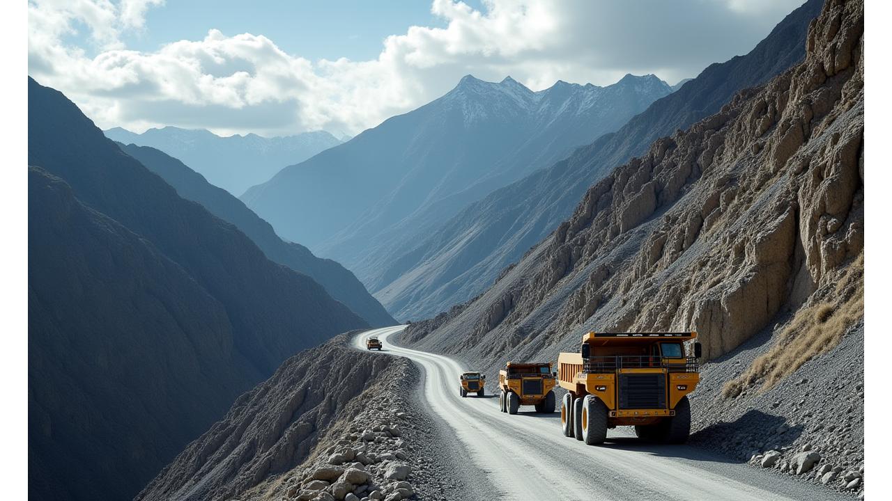 Heavy equipment establishing an access road on a steep mountain slope for a mining operation