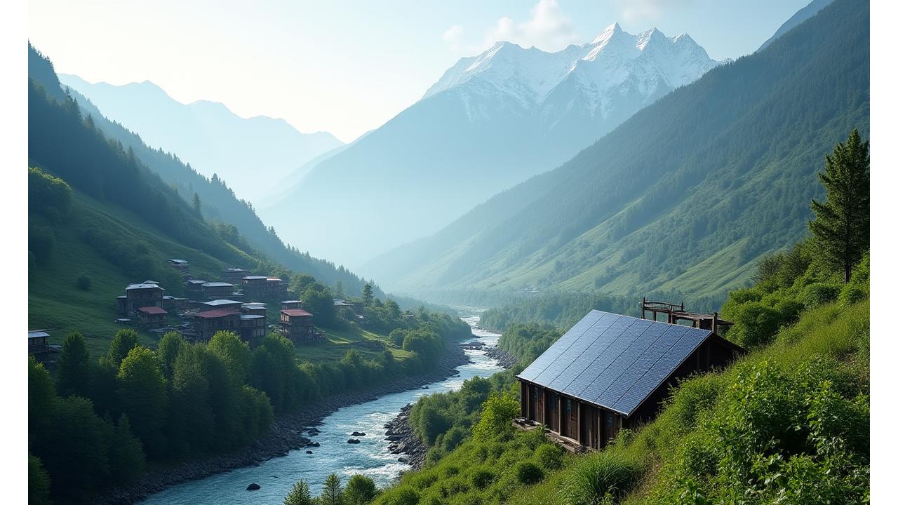 Solar panels and small wind turbines powering a remote mountain community