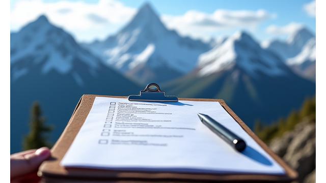 Checklist on a clipboard with mountain background, symbolizing planning
