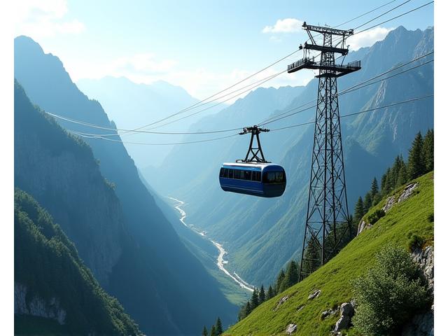 An aerial tramway cabin gliding above a rugged mountain valley.