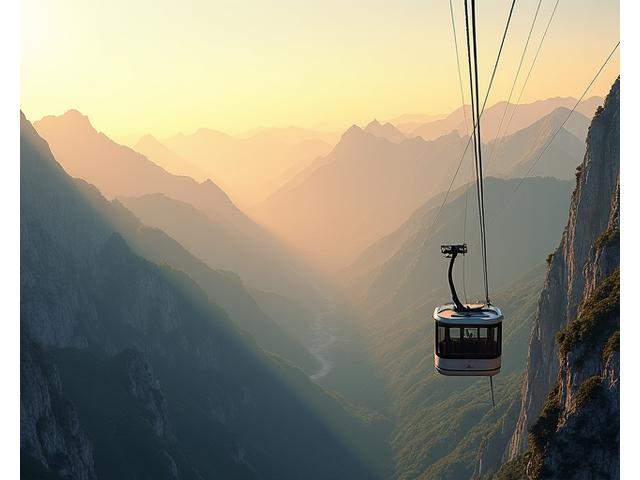A cable car crossing a vast mountain expanse, connecting two peaks.