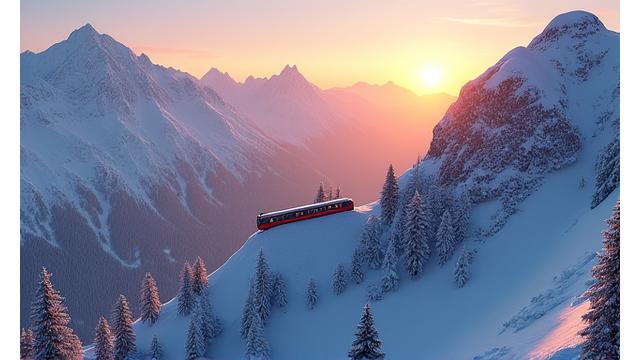 A panoramic view of the Alpenglow Ascent, a cog railway ascending a steep, pristine mountain pass at dawn.